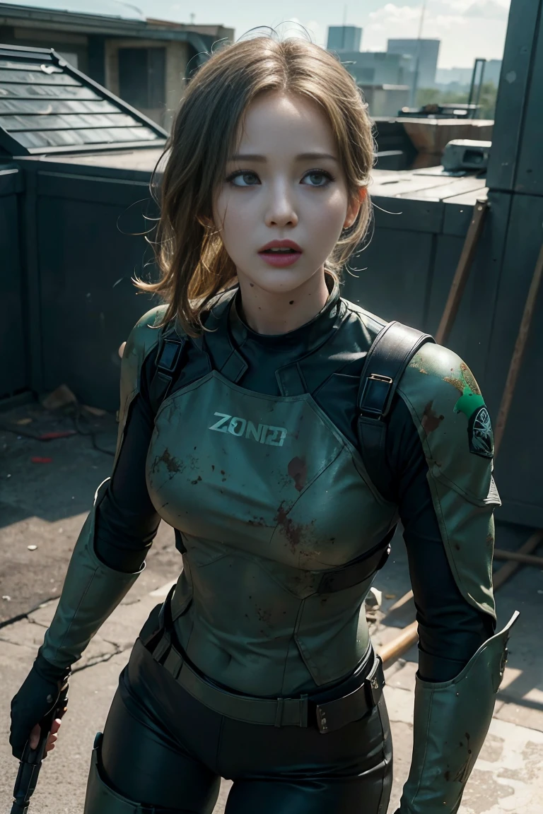 Jennifer Lawrence in special force suit, natural breast, high resolution, realistic art, fighting zombies, 1 mature female, 1 milf, solo, in roof top, green blood splatter, serious face, mouth closed ray tracing, perfect lighting, perfect detail,