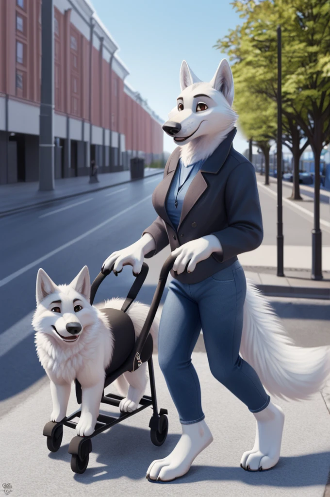 Varvara\(Moscow\), (white body:1.3), white fur, Brown eyes, Moscow, dressed, denim shirt, jeans, dog, wolf, Detailed fur, Woman, breasts, anthro, paw pads, toe claws, treating guests , waving to the viewer, 5 fingers, paws, 4 fingers, ring, sitting at home
BREAK from nextel, for dating, from xenoforge, (complex, high detail, filming, soft focus, RAW walking with, wolf cub, baby stroller, 
Photorealism, realism, photorealism, digital style, Subsurface scattering,
masterpiece, Best quality, ultra realistic, 8k)
