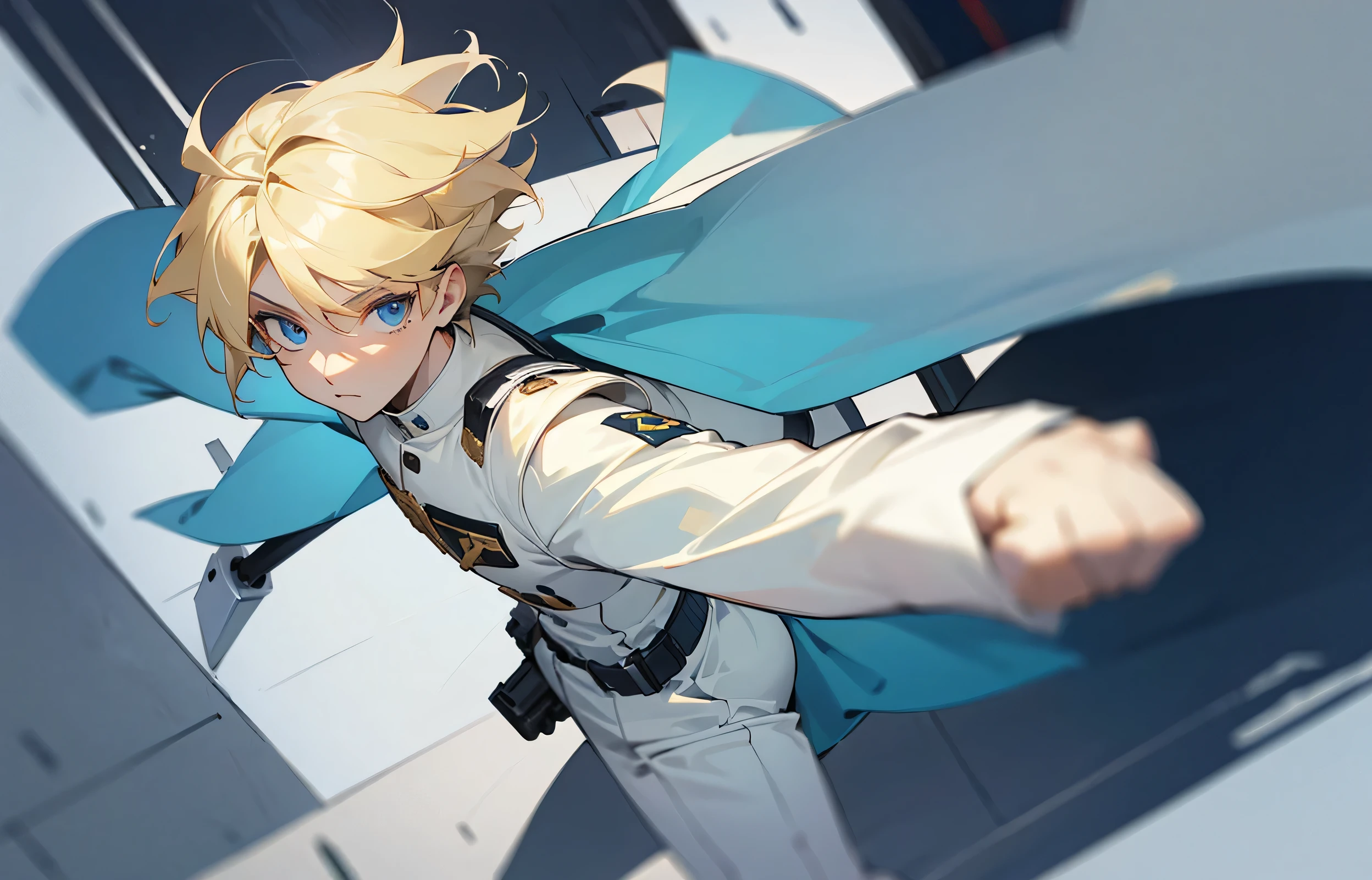 A blond, blue-eyed age boy in a white uniform points a gun seen from a high angle view, animated style