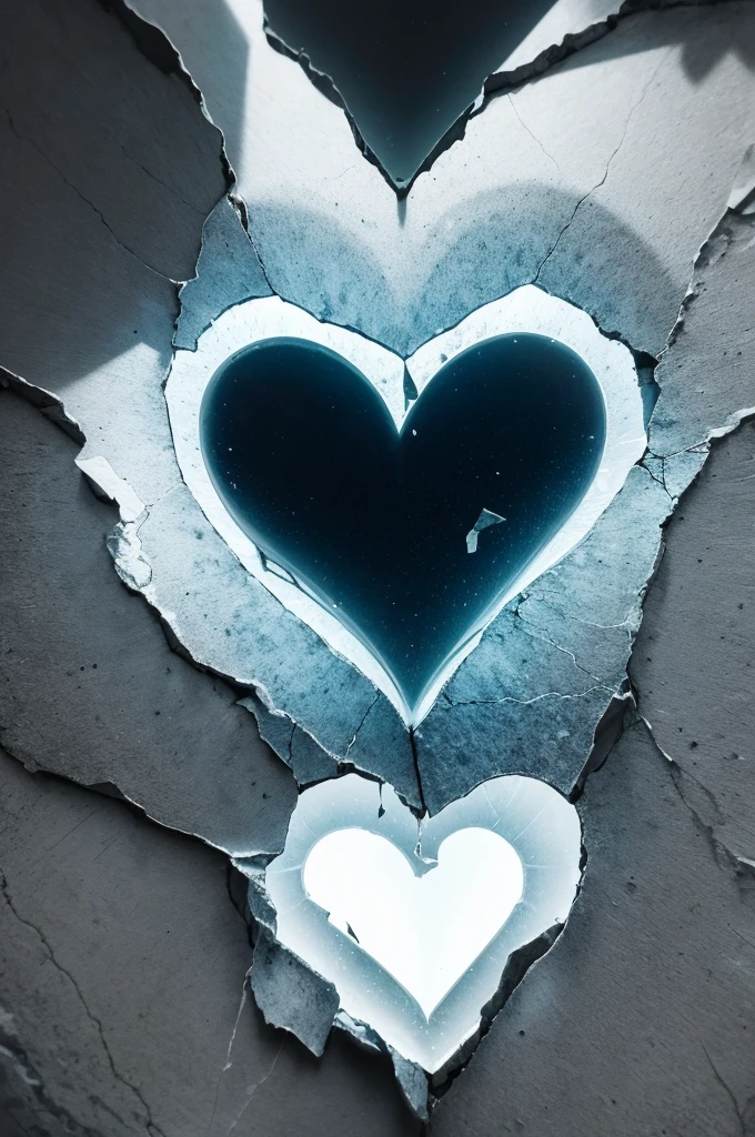 a translucent heart, with deep cracks and broken pieces. Light reflects off the edges, creating a soft shine, while the gaps reveal a fragility