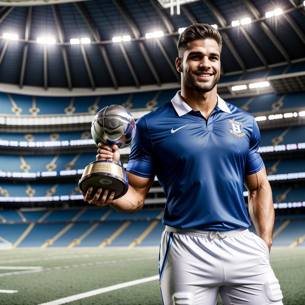football player, lifting champion cup, in stadium, blue and white blouse color