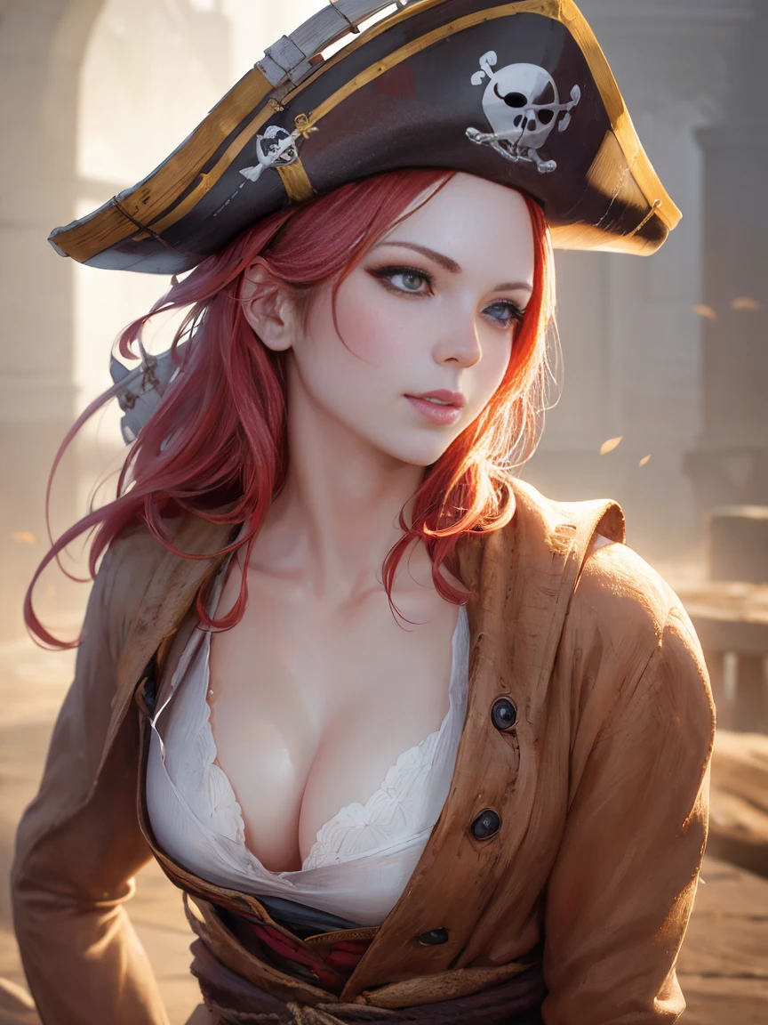 (masterpiece, 最high quality:1.4), (pirate ship), (From the back:1), (One girl), (alone), (head to waist photo) , Nami from One Piece, hyperRealistic, Skin with attention to detail, Digital SLR, Soft lighting, high quality, Highly detailed face, Highly detailed eyes, Highly detailed skin, Skin pores, Scattered beneath the surface, Apply blush all over the face, Highly detailed face, Highly detailed eyes, Beautiful Face, Fuller lips, Detailed Background, Depth of written boundary, Volumetric lighting, Sharp focus, Realistic proportions, Excellent anatomy, (Realistic, hyperRealistic:1.4), 16k hdr, Dawn