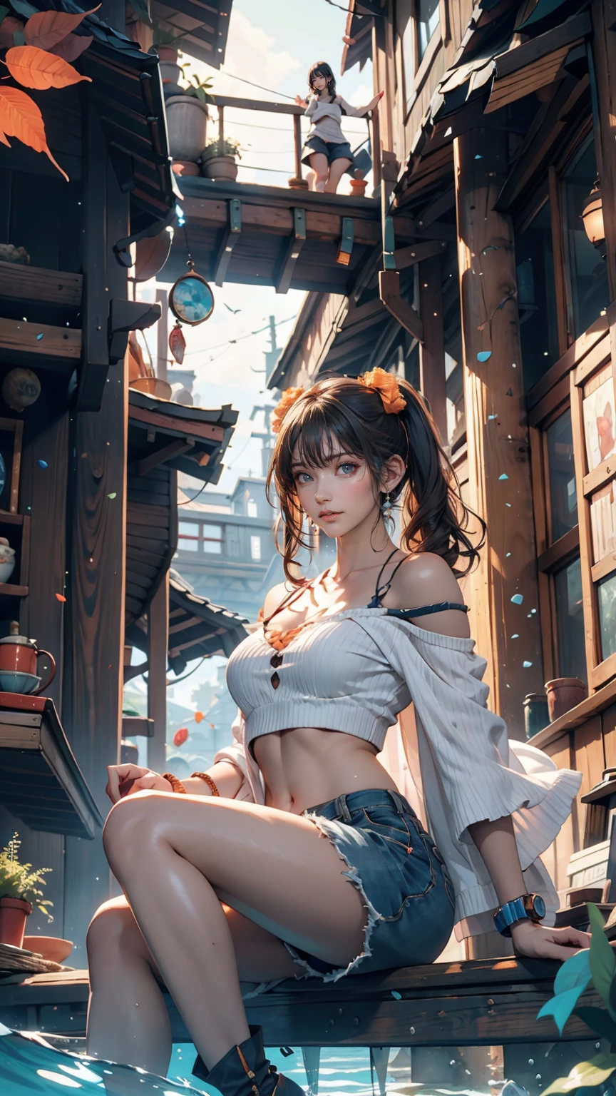 color (Fantasy: 1.2), (hayao miyazaki style), (Irregular Buildings Floating Under the Sea), Patchwork Cottage, Moss decoration, Coral, Light, Concept art inspired by Andreas Rocha, Artstation Contest Winner, Fantasy art, (an underwater city), Ross Tran, Lightシャフト, Realistic lighting, masterpiece, high quality, Beautiful graphics, High detail, masterpiece, high quality, Beautiful graphics, High detail, --v6、24-year-old female、Bleached Hair, Model pose, Delicate skin types, Light curly hair、Hair model photo、Twin tails、Orange gradient color、Scrunchies on the wrist、Sexy proportions、Off-the-shoulder tops、Navel visible、Shorts、short boots、Flying on a magic broomstick just above the water