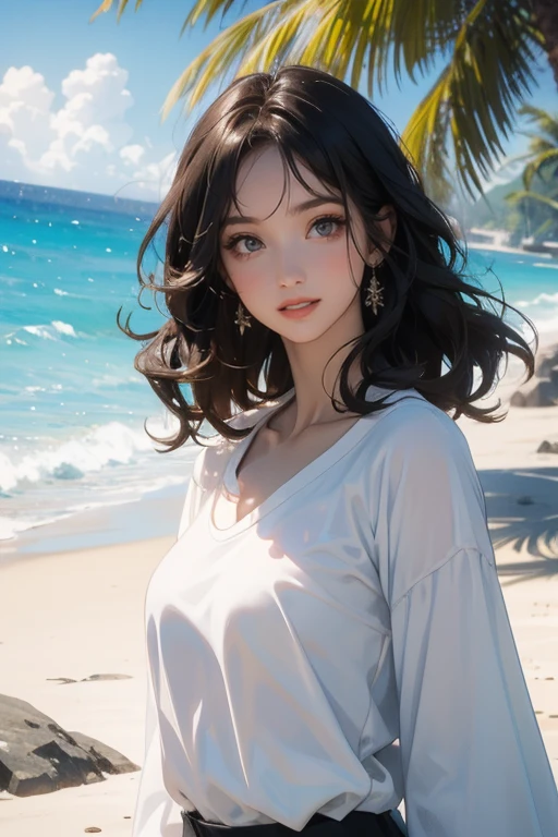(Highest quality、masterpiece、High resolution、8K)、Vibrant colors、Young and beautiful woman 1、Brown and black short bob、barefoot、(Detailed face、Beautiful Eyes、Beautiful nose、Pretty lips)、A woman in a white T-shirt and shorts runs on the beach、Surprised Smile、Official Art、The background is the sea、blue sky、White waves and wide sandy beach、Wide forest、White Entrance Cloud、