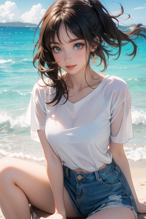 (Highest quality、masterpiece、High resolution、8K)、Vibrant colors、Young and beautiful woman 1、Brown and black short bob、barefoot、(Detailed face、Beautiful Eyes、Beautiful nose、Pretty lips)、A woman in a white T-shirt and shorts runs on the beach、Surprised Smile、Official Art、The background is the sea、blue sky、White waves and wide sandy beach、Wide forest、White Entrance Cloud、