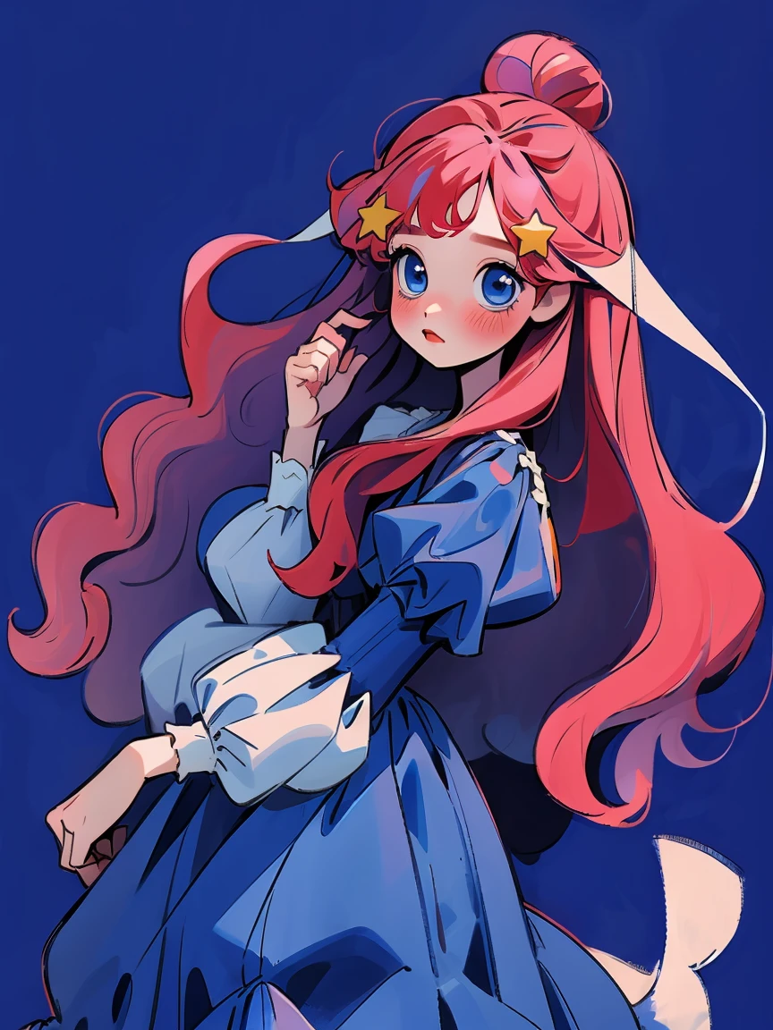 ((masterpiece, best quality:1.2), 1 girl, alone，red wavy hair，Light fluffy long hair，bow headband，star hairclips, blue eyes, itsuki nakano,  indigo dress, organza flowing dress, simple minimal sundress, cute simple dress, deep blue dress, puffy sleeves, juliet sleeves, clean background