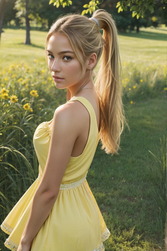 photorealistic,realistic, solo, photorealistic, best quality, ultra high res, 1girl,, , blonde hair in a ponytail, wearing a yellow sundress, breeze blowing through the grass,, , 1girl,, beautiful, masterpiece, best quality, extremely detailed face, perfect lighting, 1girl, solo,, , best quality, ultra high res, photorealistic,, ultra detailed,, masterpiece, best quality, , nancy1,