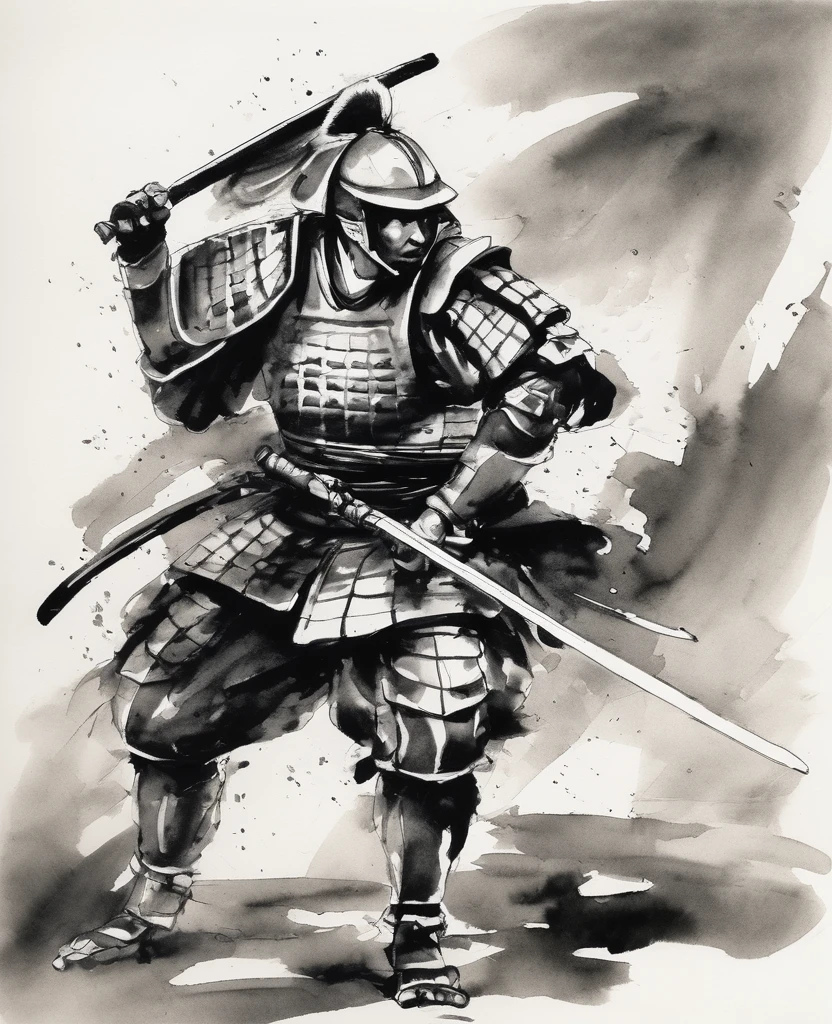 A dynamic depiction of a Japanese warrior in armor, simply drawn in black and white in a sumi-e style.