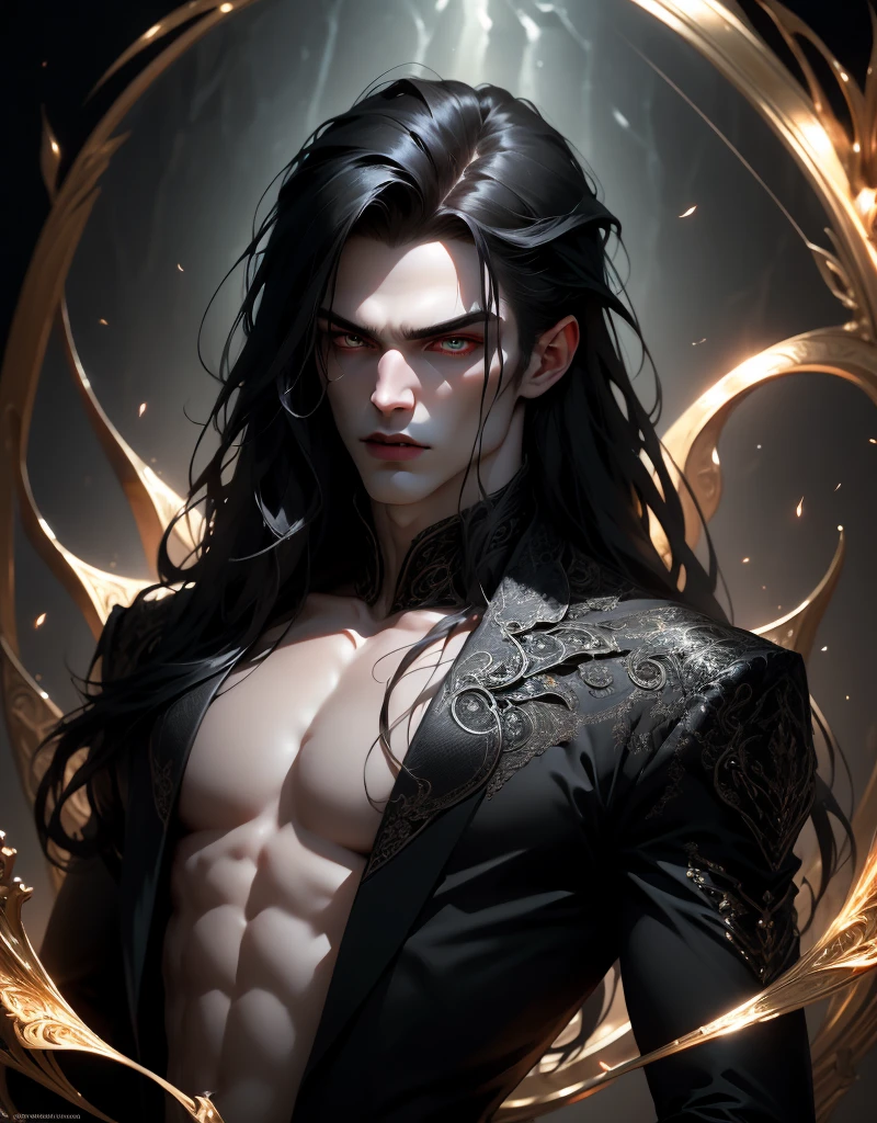 {anatomy}(Masterpiece - Ultra-detailed, very high resolution) Prepare to be enchanted by a true masterpiece that combines ultra-detailed art with high-resolution rendering. This work portrays a vampire man with long black hair (1.3) and captivating golden eyes (1.2), emanating an aura of mystery in decadent settings. The intricate details and realistic textures invite you to explore every aspect of this enchanting composition. Vampire man wearing black. Serious expressions. Pale skin like a vampire.