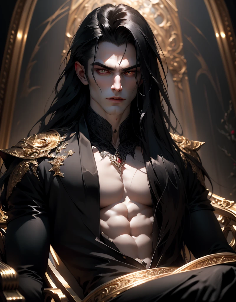 {anatomy}(Masterpiece - Ultra-detailed, very high resolution) Prepare to be enchanted by a true masterpiece that combines ultra-detailed art with high-resolution rendering. This work portrays a vampire man with long black hair (1.3) and captivating golden eyes (1.2), emanating an aura of mystery in decadent settings. The intricate details and realistic textures invite you to explore every aspect of this enchanting composition. Vampire man wearing black. Serious expressions. Pale skin like a vampire.
