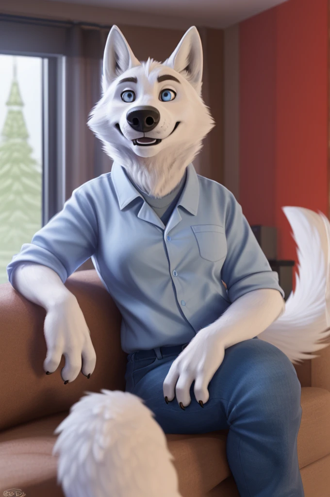 Barbara\(Moscow\), (white body:1.3), white fur, blue eyes, Moscow, dressed, denim shirt, jeans, dog, wolf, Detailed fur, Woman, breasts, anthro, paw pads , finger claws, treats guests, waving to the viewer, 5 fingers, paws, 4 toes, ring, sitting at home
BREAK from nextel, for dating, from xenoforge, (complex, high detail, film shooting, soft focus, RAW sitting at home, 
Photorealism, realism, photorealism, digital style, Subsurface scattering,
masterpiece, Best quality, ultra realistic, 8k)