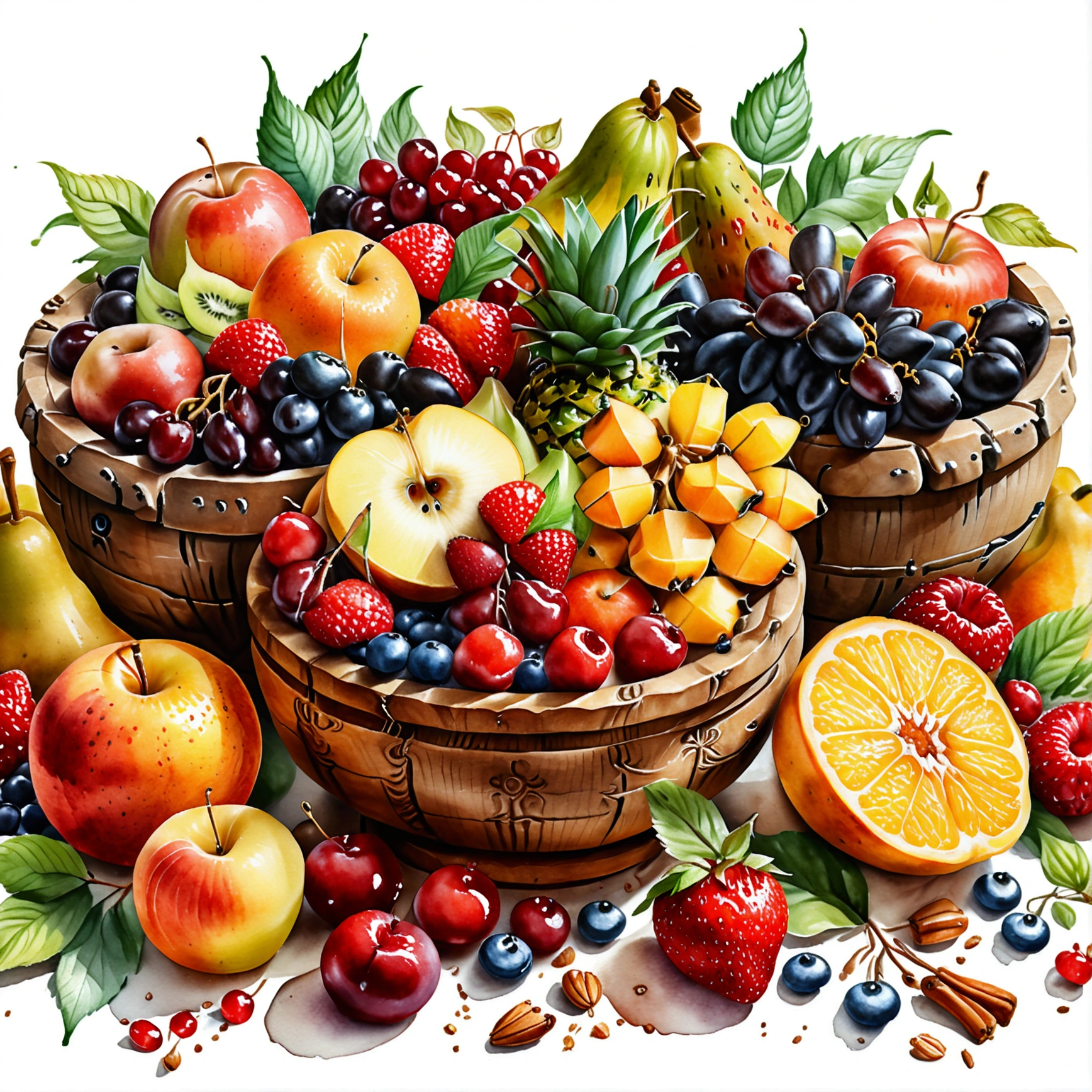 There are plenty of different fruit , served in classy medieval age wooden bowl, illustration, baking ingredients, isolated with solid white background, surrounded with negative space, centered composition, 8k, highest detailed painting, very precise painting, Isolated, clear solid white background, perspective angle of view, cartoon style, ((watercolor:1)), clip art, (lora:add-detail-xl:1), (masterpiece), (best quality), no bread on the floor,