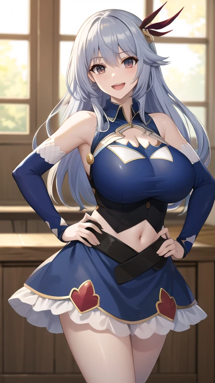 masterpiece, best quality, highres, aaev, long hair, hair ornament, large breasts, cleavage, clothing cutout, blue shirt, sleeveless shirt, detached sleeves, midriff, skirt, blue skirt, indoors, hand on hip, smile, open mouth, cowboy shot,
