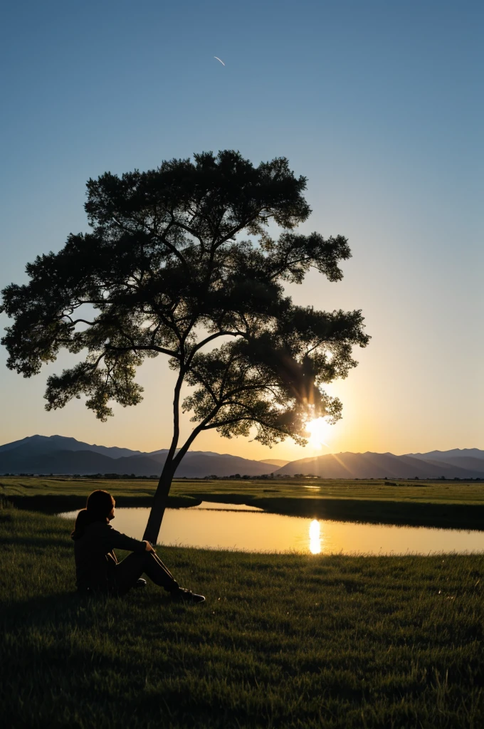 The silhouette of a  in the grass watching the sky 