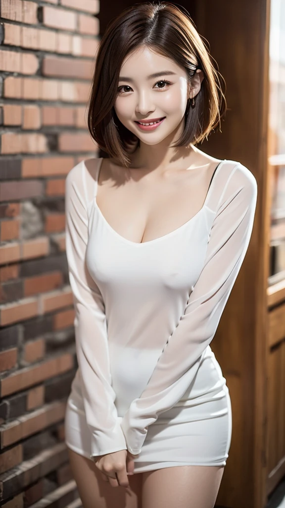 Beautiful Korean girl with good style、white and beautiful skin、short height、brown hair、bob cut hair、reddish brown eyes、slanted eyes、thin eyebrows、thick lips、smile、fancy clothes、Fashion Model、brick background、