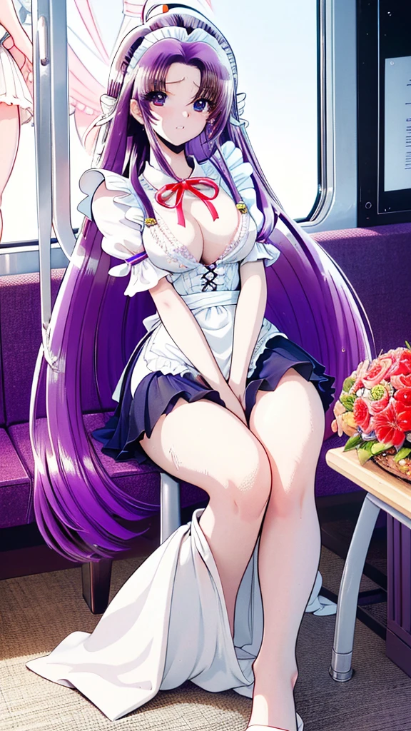 ultra-detailed、high resolution、extremely detailed CG、unity 8k wallpaper、official art、super detailed skin、perfect anatomy、cinematic lighting、beautiful detailed eyes、depth of field、ideal ratio body proportions、

anime colored、kyoto animation、(Hair is purple、White skin、Eyes are pale red)、(black hair in twin tails: 1.3), maid outfit with lace apron, (skirt pulled up, thick hair, lots of pubic hair, showing pubic hair), erect nipples, tilting head, knees turned inwards, knees raised, embarrassed, watery eyes, worried eyebrows,
peeing oneself, sweating, on the train, sitting opposite each other,