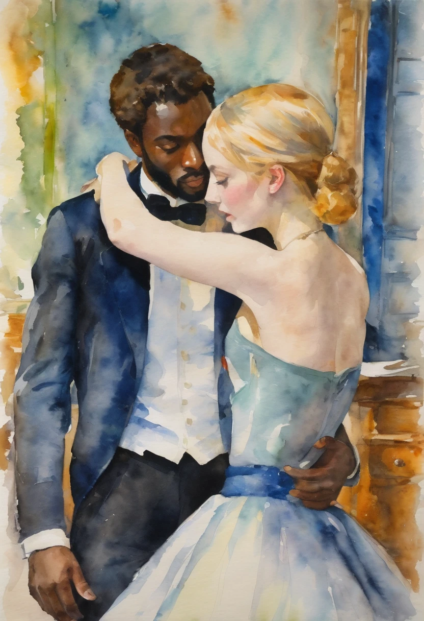 (An impressionist watercolor in the style of Manet and Degas) of 18 y.o. blonde female teacher Emma, bare shoulders, crop top, is hugged by African lover,