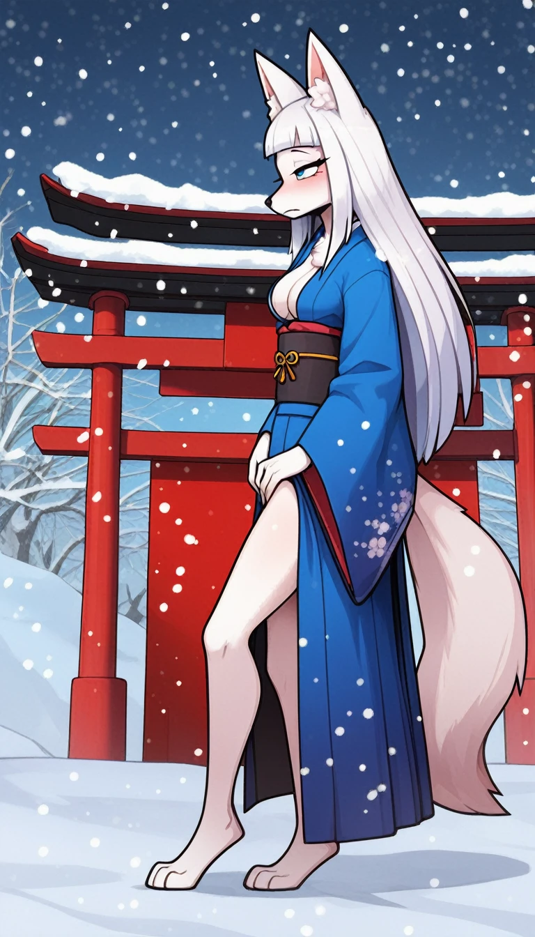 Eyes Half Closed, Tired expression,في المنزل Nakedness فوق سرير , 1girl, Anthro, Furry, Fur, fluffy Fur, White Fox Girl, Japanese temple background, White hair, Blue eyes, long hair, Full body, (19 years), Medium breast, Thighs, Single, (Japanese temple), snow, snowing, Eyes Half Closed, Standing, Hinge, Blue kimono, skirt ,Nakedness ,Have sex, genitals visible, a result_9, a result_8_higher, a result_7_higher, a result_6_higher, a result_5_higher, a result_4_higher