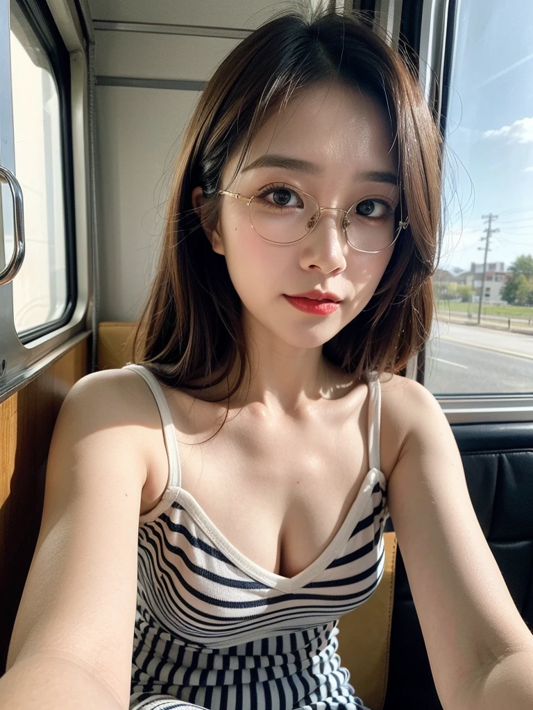 (Best quality, Ultra detailed, Golden ratio, Masterpiece:1.2), Theatrical lighting:0.7, Photo of a woman, dressed in a very elegant and pretty dress, Perfect rare face, (Highly detailed skin), randomly dyed hair, Hide your mouth with your hands、Ridicule, skin texture, Pale skin, shiny skin, (thin, large size:1.2), [:(Sharp focus on rare face, perfect eyes:1.2):0.2], photorealistic, film grain, Put one foot forward、from below looking up、look at camera、Emphasize the shoulders, Focus on face、Stockings、glasses、Smile with corners of mouth raised、disdainful expression, summer haze, muted colors, muted warm colors, Photo cinematic portrait of a woman dressed in a striped dress sitting by the window in the early morning, cinematic, (tilted:1.3) (on an old train) look cautious, standing under a spotlight, volumetric dust clouds, key light, backlight, soft natural lighting, photography Film grain ISO 400 30 mm lens RAW f1.8 aperture, highly detailed (analog photography:1), colors hdr