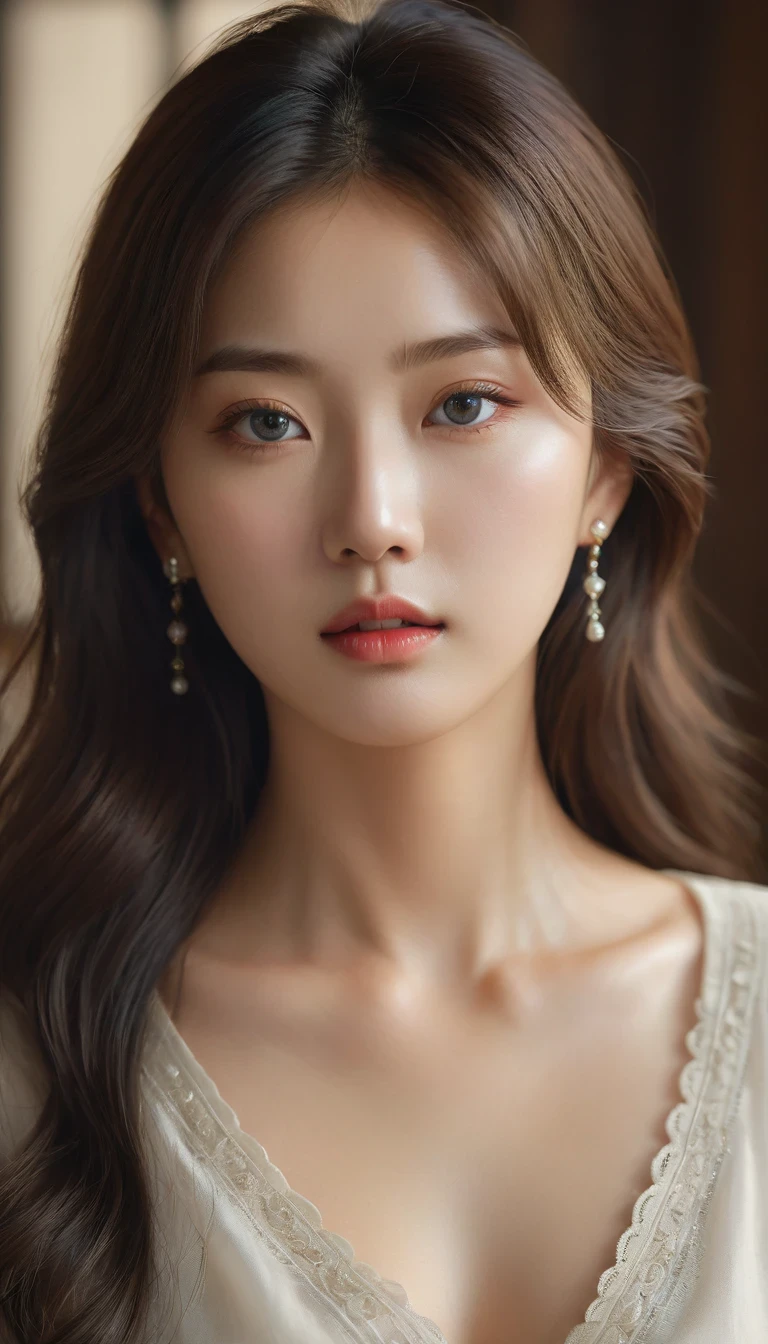 (masterpiece, best quality:1.2), 1girl, solo, korean girl, ultra detailed, ultra realistic, highest quality, highly detailed, realistic, photo realistic, raw photo, beautiful, medium breasts, gorgeous face, delicate features, piercing eyes, sharp nose, lush lips, flawless skin, silky hair, elegant pose, serene expression, natural lighting, warm colors, cinematic, dramatic, vibrant, artistic
