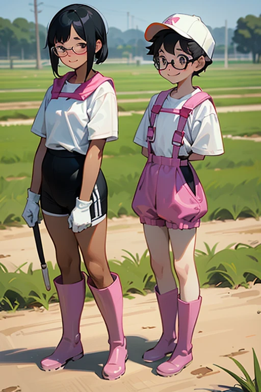 Two elementary school students with freckles and glasses, wearing short-sleeved gym clothes, tied up black hair, and narrow eyes, working in the fields with smiles on their faces, wearing oversized pink rubber gloves and white rubber boots. White gym cap