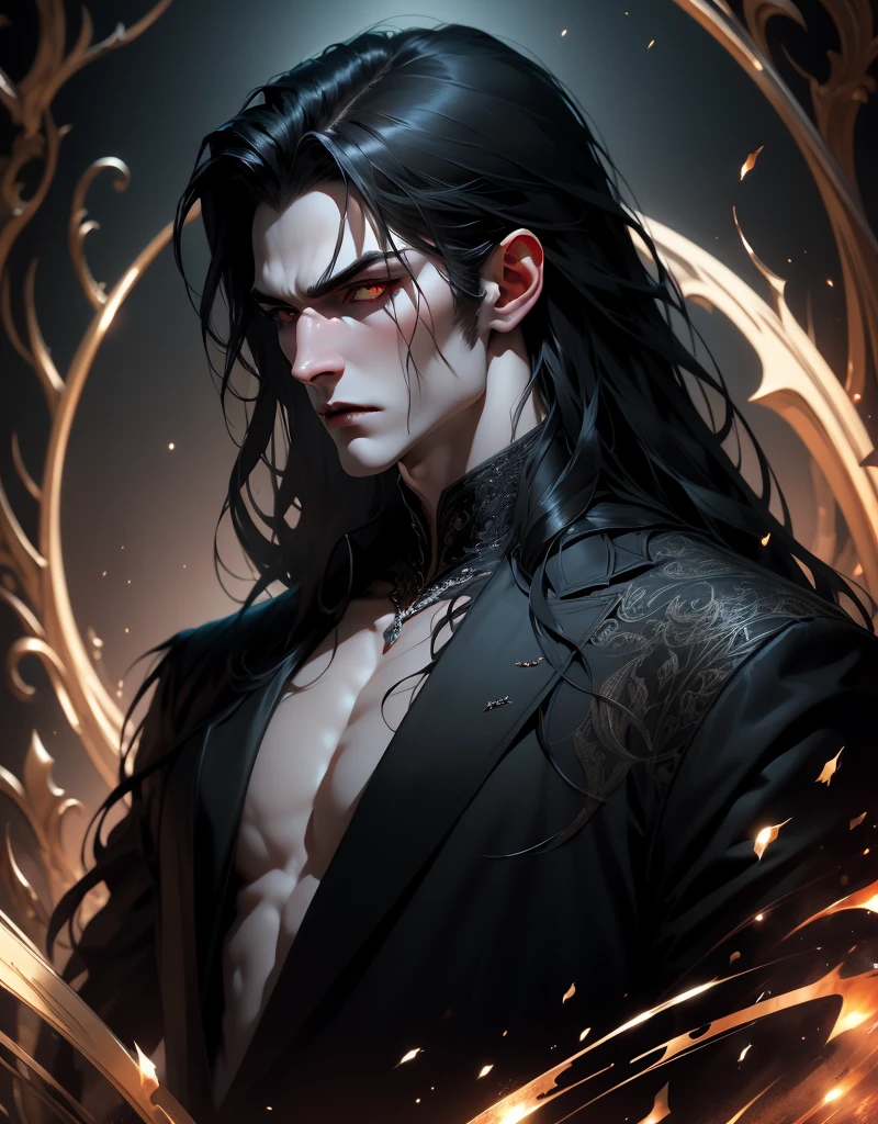 {anatomy}(Masterpiece - Ultra-detailed, very high resolution) Prepare to be enchanted by a true masterpiece that combines ultra-detailed art with high-resolution rendering. This work portrays a vampire man with long black hair (1.3) and captivating golden eyes (1.2), emanating an aura of mystery in decadent settings. The intricate details and realistic textures invite you to explore every aspect of this enchanting composition. Vampire man wearing black. Serious expressions. Pale skin like a vampire.