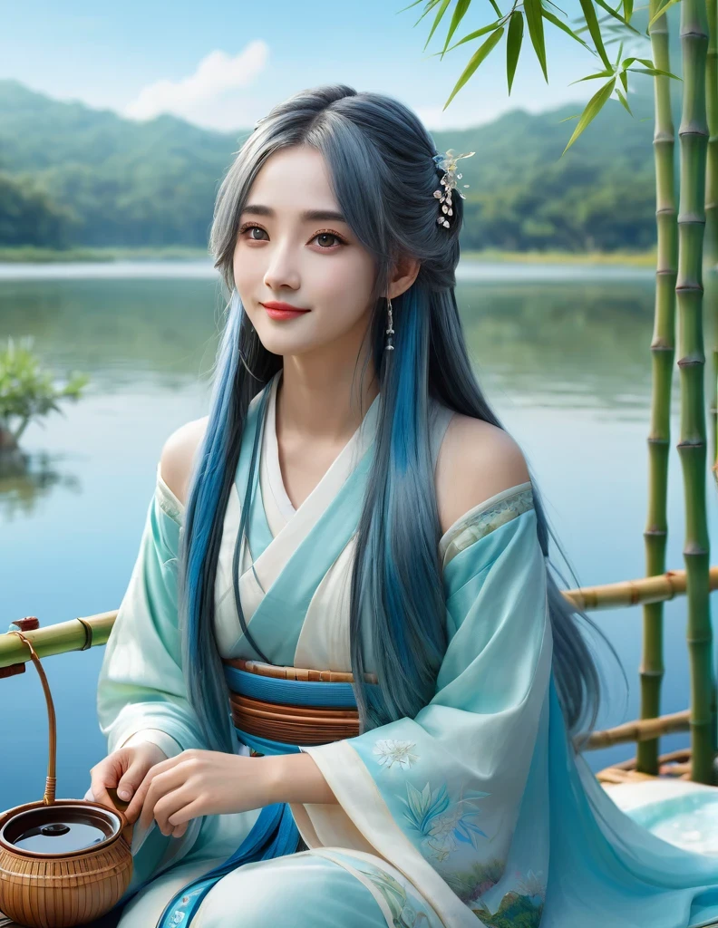 Masterpiece, Best Quality, Official Art, 8k Wallpaper, Very Detailed, Illustration, 1 Girl, Sky Blue Hair, Long Hair, Detailed Eyes, Forrest Gump, Bare Shoulders, Hanfu, Lake, Pure, Soft Smile, bamboo, tea
