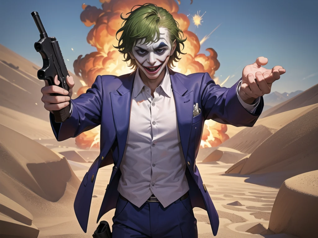 Masterpiece, best quality, The Joker wears a purple suit., , look at viewer, Aim the gun., ถือpistol, look at viewer, stand, , ((pistol)),((Aim the gun.ไปที่ผู้ชม)),gun possession, desert, Laugh and laugh ,explosion from gun