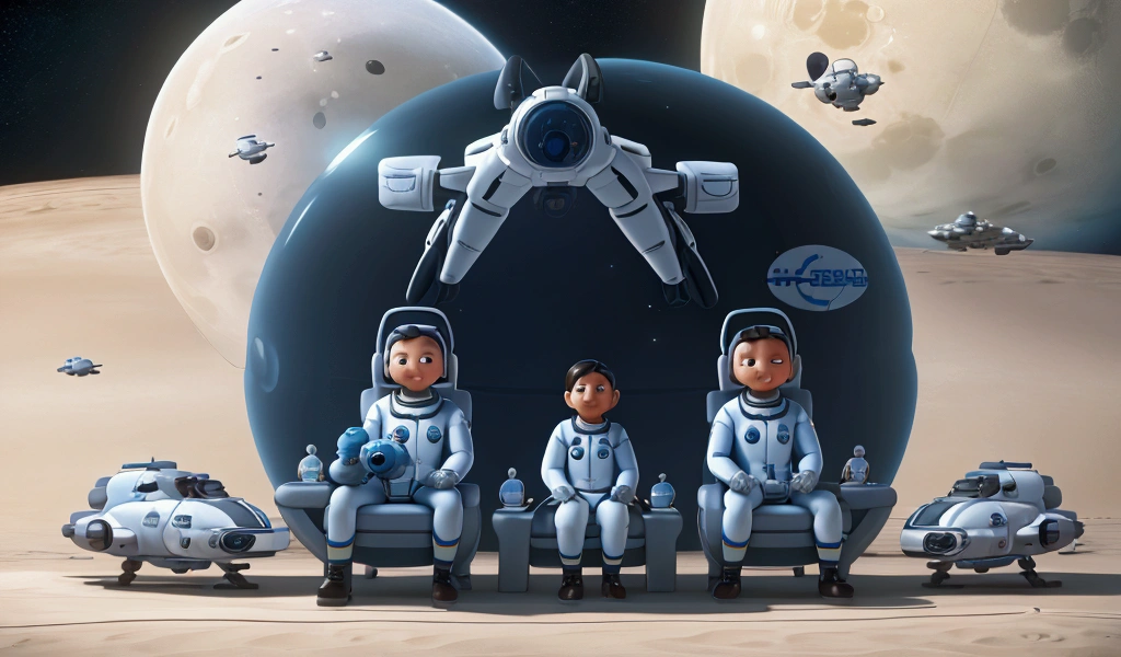 a group of spaceman family sitting next to each other on a space plane, poster art, you see MITSUBISHI air conditioner, trending on pixiv, space art, space station on the moon, happy family, cgsociety and fenghua zhong, fujifilm”