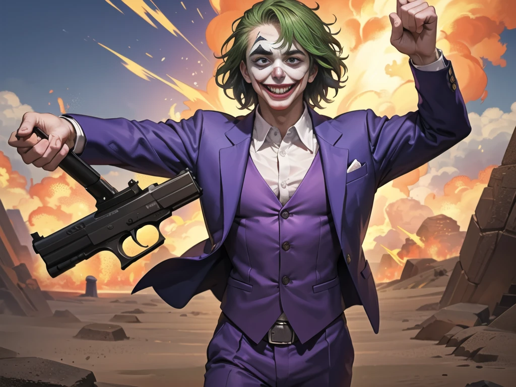 Masterpiece, best quality, The Joker wears a purple suit., , look at viewer, Aim the gun., ถือpistol, look at viewer, stand, , ((pistol)),((Aim the gun.ไปที่ผู้ชม)),gun possession, desert, Laugh and laugh ,explosion from gun
