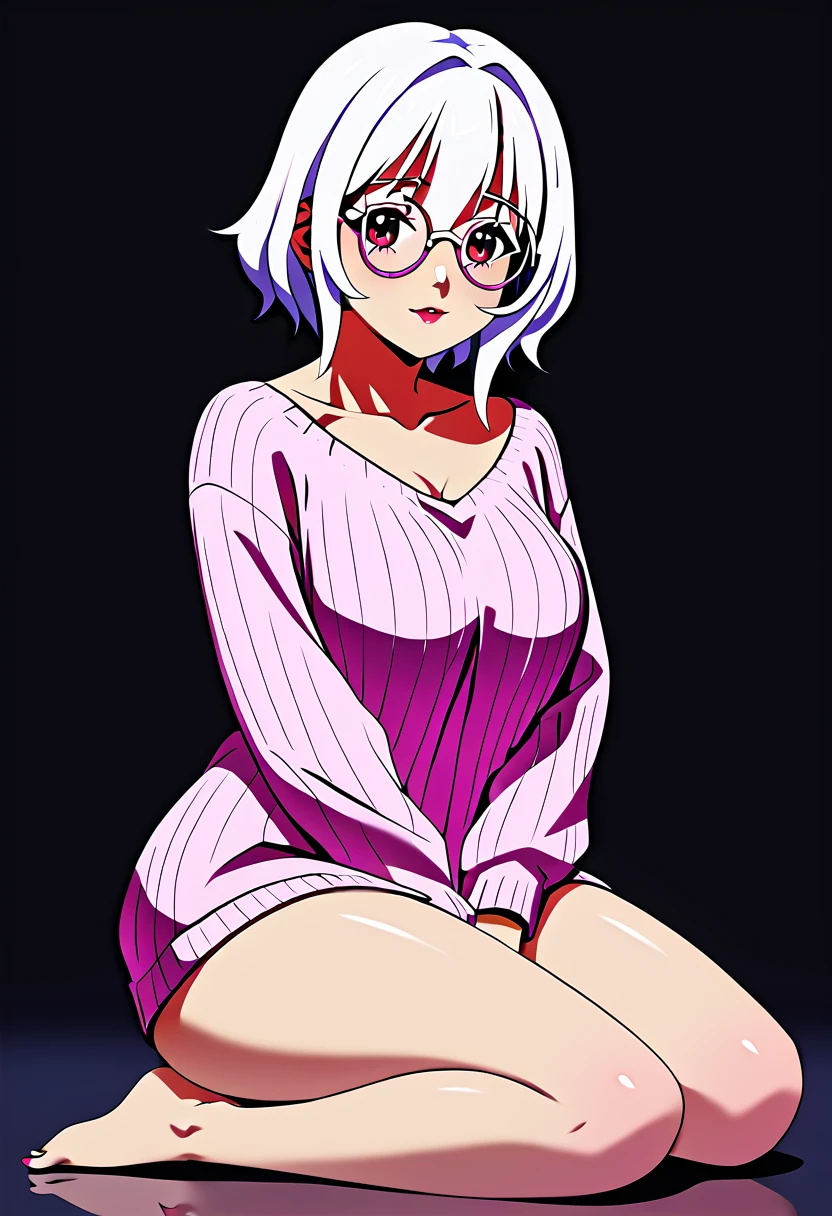 detailed illustration, (front view), (side view),dynamic angle, ultra-detailed, illustration, clean line art, shading, anime, detailed eyes, detailed face, beautiful face, dramatic lighting, detailed illustration, dynamic angle, ultra-detailed, illustration, (single woman: 1.8), masterpiece, masterwork, beautiful, (1 woman:1.8),

Succubus woman, young, timid, wearing an oversized sweater, red skin, pinkish white hair, big round glasses, knitted ribbed sweater, sleeves too long, sweater goes down to knees, large chest, large thighs 