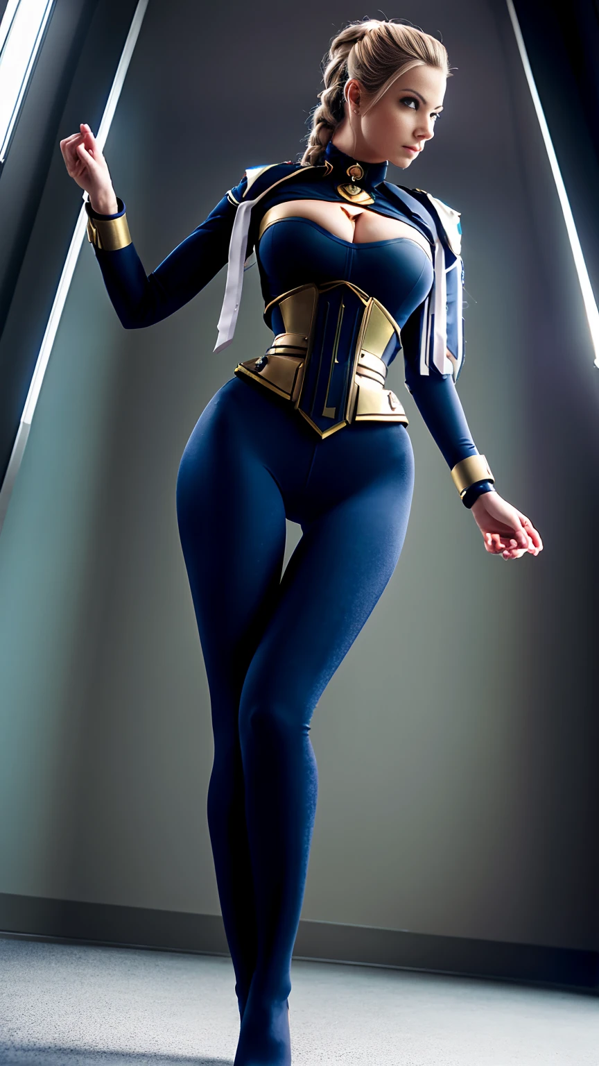 ((Full-length photo, standing, feet on the ground)) Best quality, yoga pants, Masterpiece, eyes reflection, Best quality, Masterpiece, The Eye of Mercy Reflex, Alone, In Starkta, Perfect body, Blonde, Overwatch mercy style hairstyle, OW uniform, Green eyes, Two arms, Hold your signature weapon, Low-cut uniform, utility belt, Alone, Command Room, 8K, Masterpiece, A high resolution, absurderes, natural volumetric lighting and best shadows, Deep depth of field, Sharp focus, Naughty face, Super delicious, Medium breasts