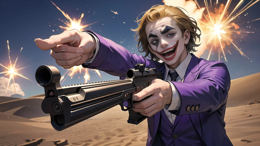 Masterpiece, best quality, The Joker wears a purple suit., , look at viewer, Aim the gun., ถือpistol, look at viewer, stand, , ((pistol)),((Aim the gun.ไปที่ผู้ชม)),gun possession, desert, Laugh and laugh ,explosion from gun