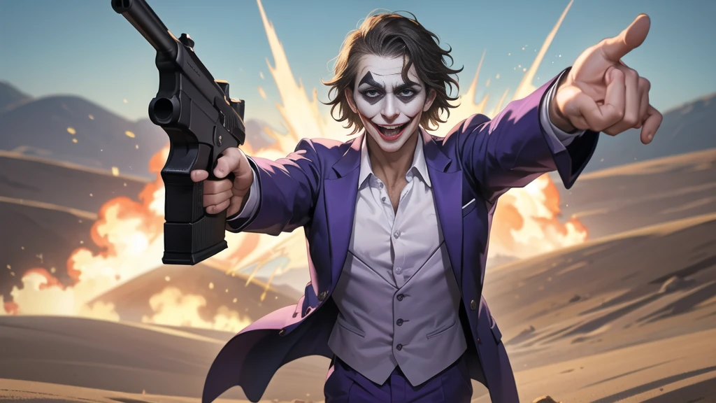 Masterpiece, best quality, The Joker wears a purple suit., , look at viewer, Aim the gun., ถือpistol, look at viewer, stand, , ((pistol)),((Aim the gun.ไปที่ผู้ชม)),gun possession, desert, Laugh and laugh ,explosion from gun