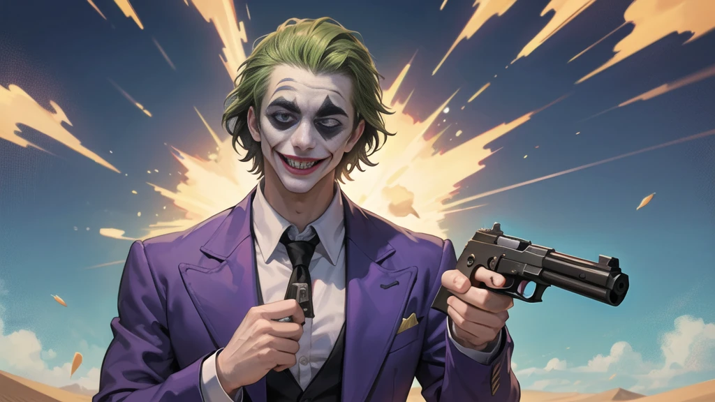 Masterpiece, best quality, The Joker wears a purple suit., , look at viewer, Aim the gun., ถือpistol, look at viewer, stand, , ((pistol)),((Aim the gun.ไปที่ผู้ชม)),gun possession, desert, Laugh and laugh ,explosion from gun