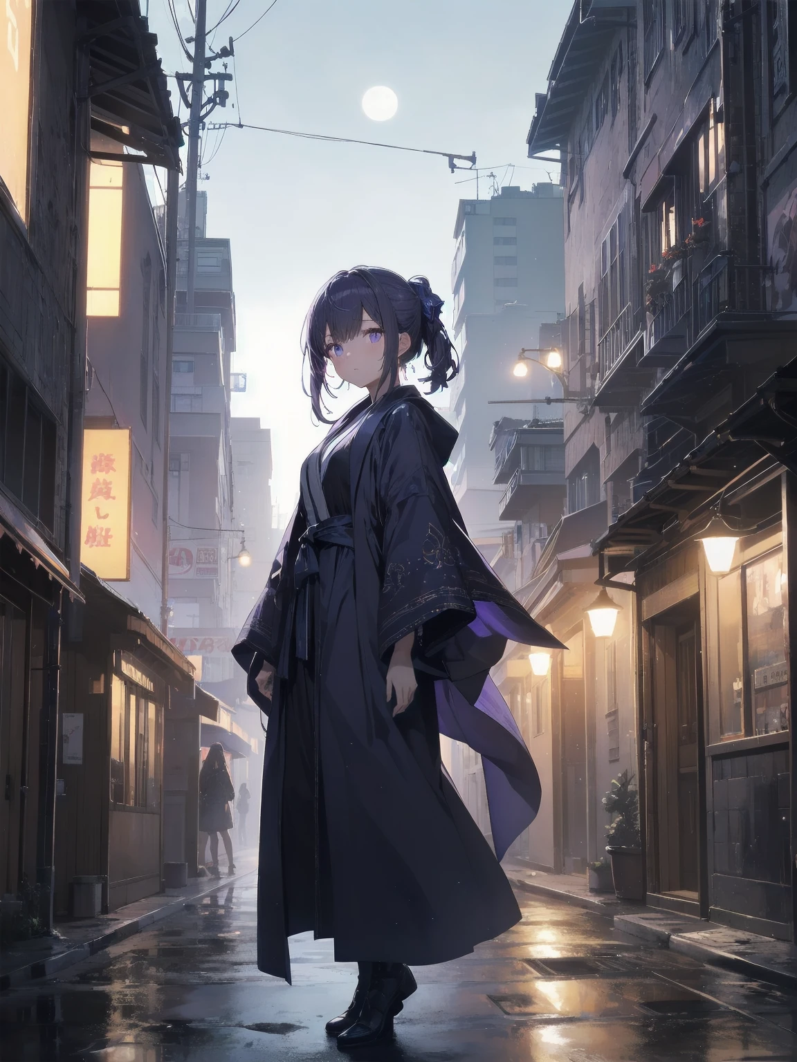 masterpiece, 8K, Highest quality, Very detailed, Purple & A beautiful girl in a blue magical robe with a moon motif、Close-up on the characters、(building, city、A dense fog of fluorescent particles、１８００Era、Western style、Fiction、grow、Overwhelming、Detailed street）