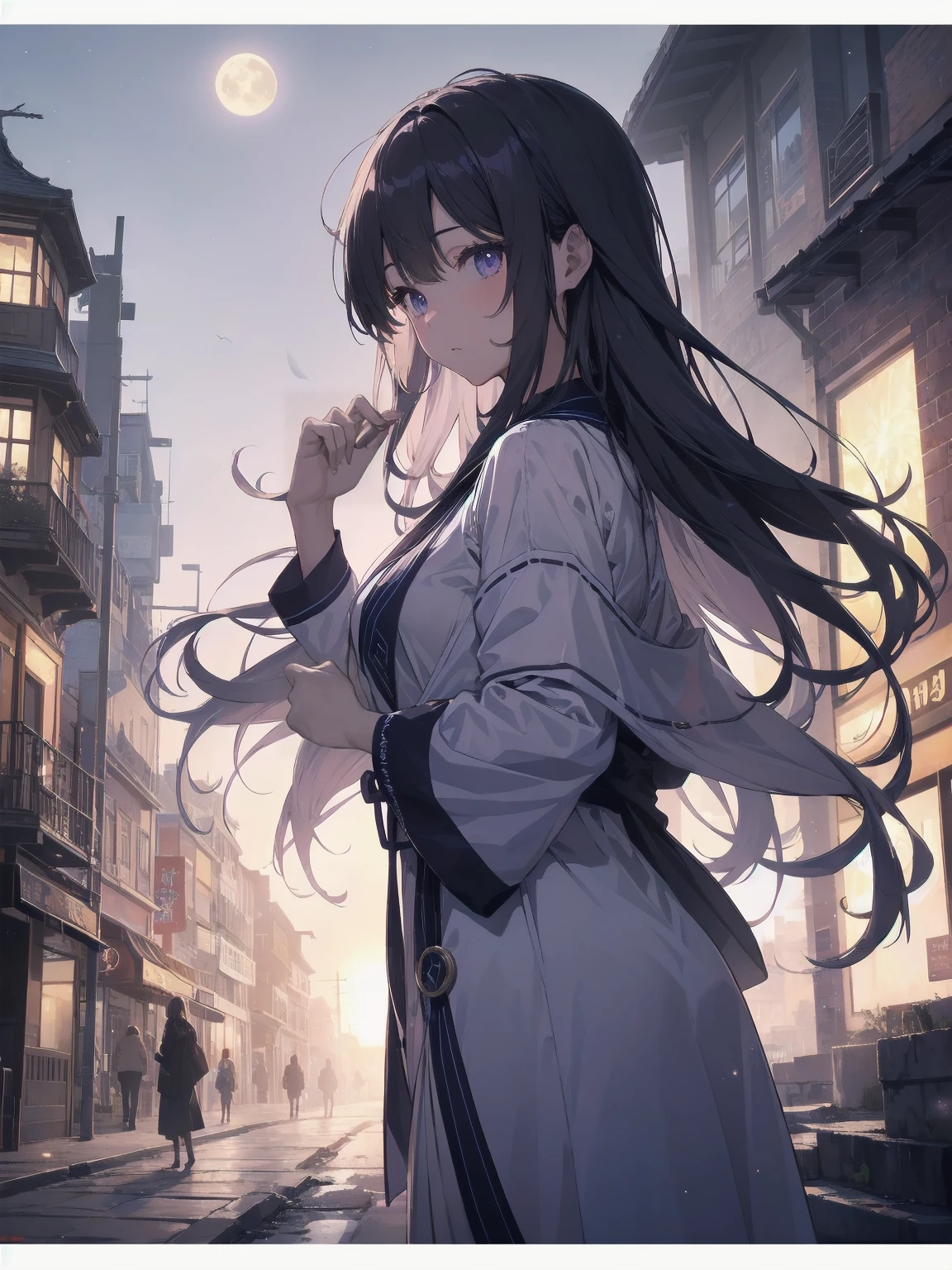 masterpiece, 8K, Highest quality, Very detailed, Purple & A beautiful girl in a blue magical robe with a moon motif、Close-up on the characters、(building, city、A dense fog of fluorescent particles、1800Era、Western style、Fiction、grow、Overwhelming、Detailed street)