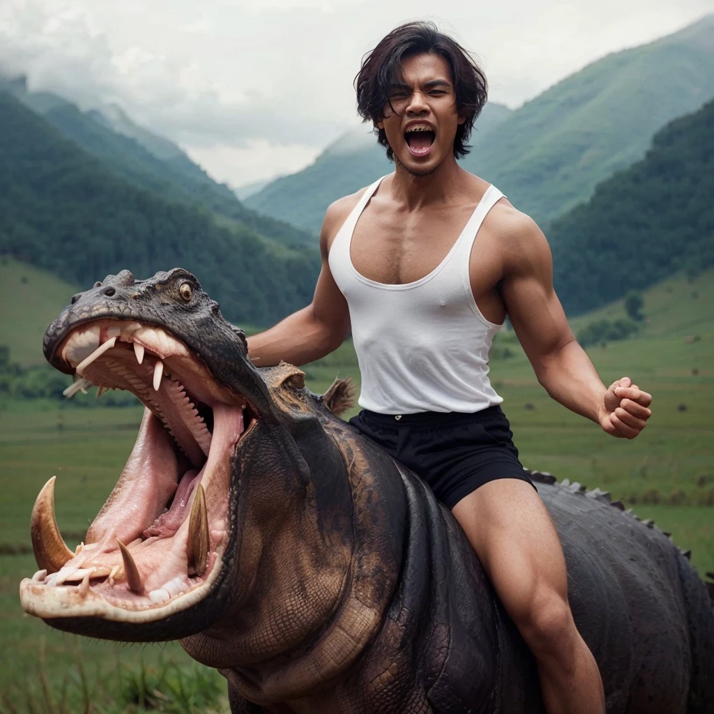 A handsome 30-year-old Indonesian man with layered hair, wearing a white tank top and black shorts, is riding a Nile crocodile with its mouth open, revealing sharp teeth. The background is a grassy mountain field