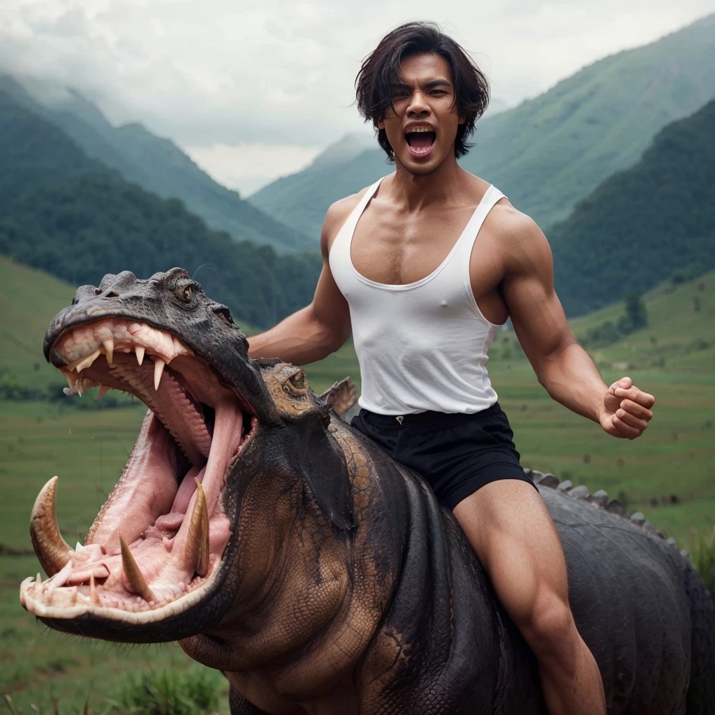 A handsome 30-year-old Indonesian man with layered hair, wearing a white tank top and black shorts, is riding a Nile crocodile with its mouth open, revealing sharp teeth. The background is a grassy mountain field