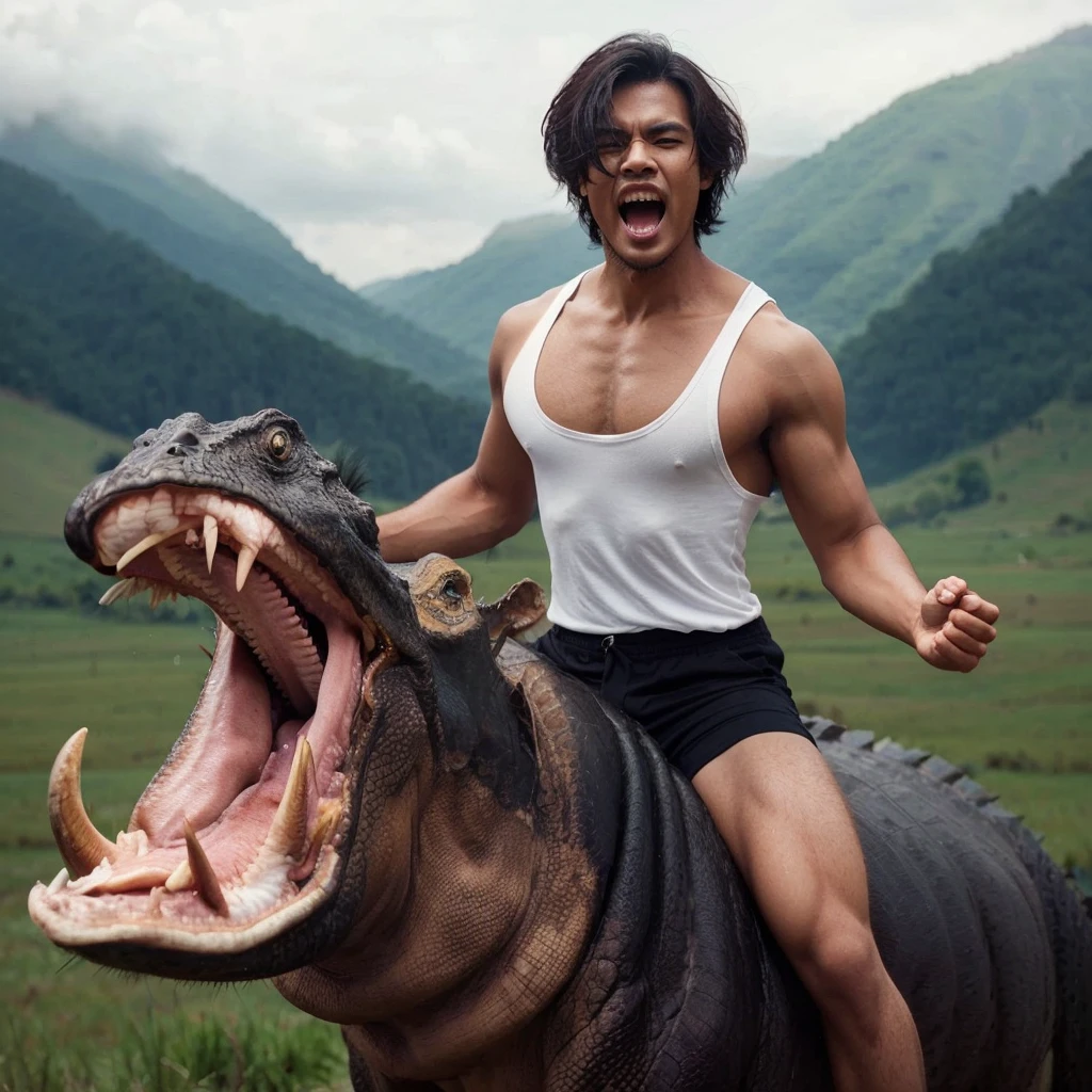 A handsome 30-year-old Indonesian man with layered hair, wearing a white tank top and black shorts, is riding a Nile crocodile with its mouth open, revealing sharp teeth. The background is a grassy mountain field