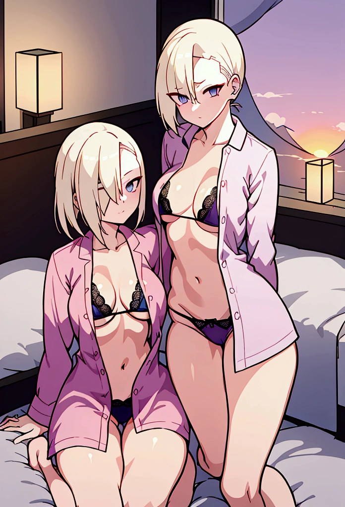 Yamanaka Ino, demi good, sleepwear, pajamas, unbuttoned shirt, showing breasts, medium breasts, lace bikini, bedroom, sunrise, perfect legs, perfect arms, perfect body, pose sexy.