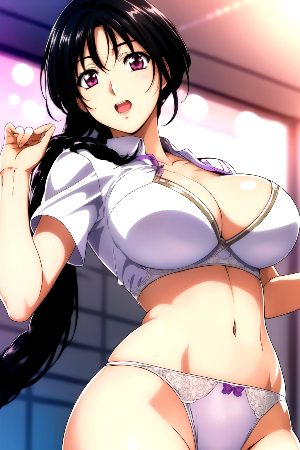 Good, underwear, panty, Policewoman, Black Hair, bow, Weaving,Long hair,Purple Eyes, 1 girl, 20 years old,Young women,beautiful Finger,beautiful long legs,beautiful Body,beautiful Nose,beautiful character design, Perfect eyes, perfect Face,Expressive eyes, Looking at the audience, In the center of the image,(superior_Body),(Focus on her Face), Official Art,Extremely detailed CG unity 8k wallpaper, Perfect lighting,rich and colorful, bright_front_Face_light,Glowing skin, (masterpiece:1.0),(the best_quality:1.0), 超high resolution,4K,Extremely detailed, photography, 8K, Human Development Report, high resolution, absurd:1.2, Kodak Portra 400, Film Grain, Blurred background, Bokeh:1.2, lens flare, (Energetic_color:1.2) (beautiful_breast:1.3), (beautiful_Face:1.5),(narrow_waist),Good, underwear, panty,