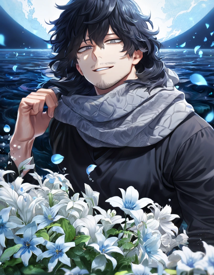 absurdres, highres, ultra detailed, HDR, master piece, Erased Head, black hair, medium hair, expressive grey eyes, faint beard, Boku No Hero Academia, sexy man, solo, handsome, best quality, blue moon, flowers, fantasy, magical, water, blue shining fireflies, blue petals, gray scarf, black shirt, handsome smile,
