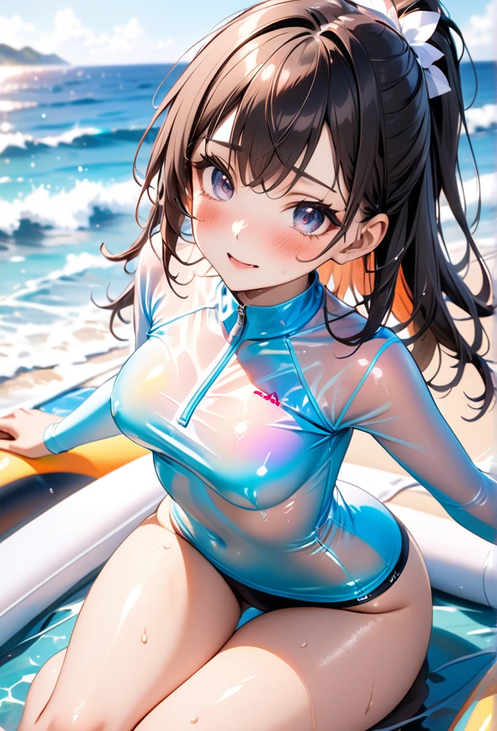 ((Lying on a rubber boat floating on the sea)), ((rash guard)), ((swimsuit sides see-through)), ((The swimsuit is a vivid color)), Mesh mini skirt, holographic fabric, skindentation, skinny, solo, 1 woman, Masterpiece, highest quality, highest quality, 16K, incredibly absurd, highly detailed, 2.5D, ai-generated, delicate and dynamic, very delicate facial expressions, delicate eye depiction, erotic, only sexy woman, ((A cute and kind face)), healthy figure, 25-year-old woman, bride, 160cm tall, medium firm swaying bust, (dark hair), black eye, blush, Sweat,Embarrassed,sexy, ((thin thighs)), (Erect nipples:0.7), (visible nipples:0.7), ((shiny and lustrous)), facing straight at viewer, ((brown black skin)), ((Oily_skin)), sweaty skin, wet skin, (suntan), dutch angle, ((sexy pose)), Dynamic poses, ((Summer Sea)), Strong sunlight, ((On the open sea)), ((sexy pose)),, ((Lying)),, ((On the open sea)), Knee Up,