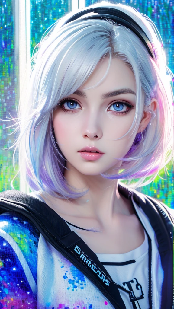 masterpiece, Highest quality, 4K, Ultra-high resolution, mishoujo, Painting, Beautiful eyes and fine face, figure, Beautiful details, high resolution figure, Shine_white_particle, One girl, white hair, Light purple eyes, Hair on one eye, Short side details, Baseball cap,Expressionless, Window Shades, Black jacket, Chest Rig, cyber punk, Techwear,(Impressionism:1.4)