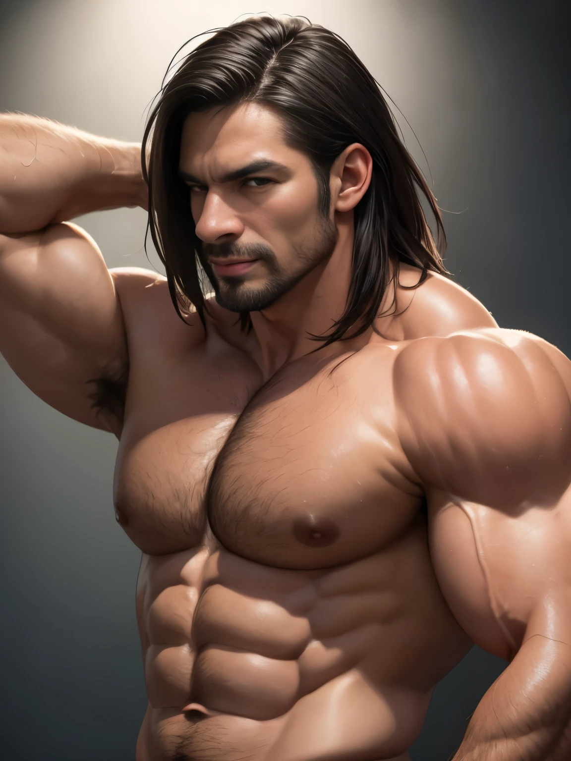a macho man with crew cut, huge muscular body, 46 years old, close-up bust, transparent skin, hairy body, armpits, tanned skin, (best quality,4k,8k,highres,masterpiece:1.2),(realistic,photorealistic,photo-realistic:1.37),ultra-detailed,HDR,UHD,studio lighting,ultra-fine painting,sharp focus,physically-based rendering,extreme detail description,professional,vivid colors,bokeh,portrait, (Japanese:1.1)