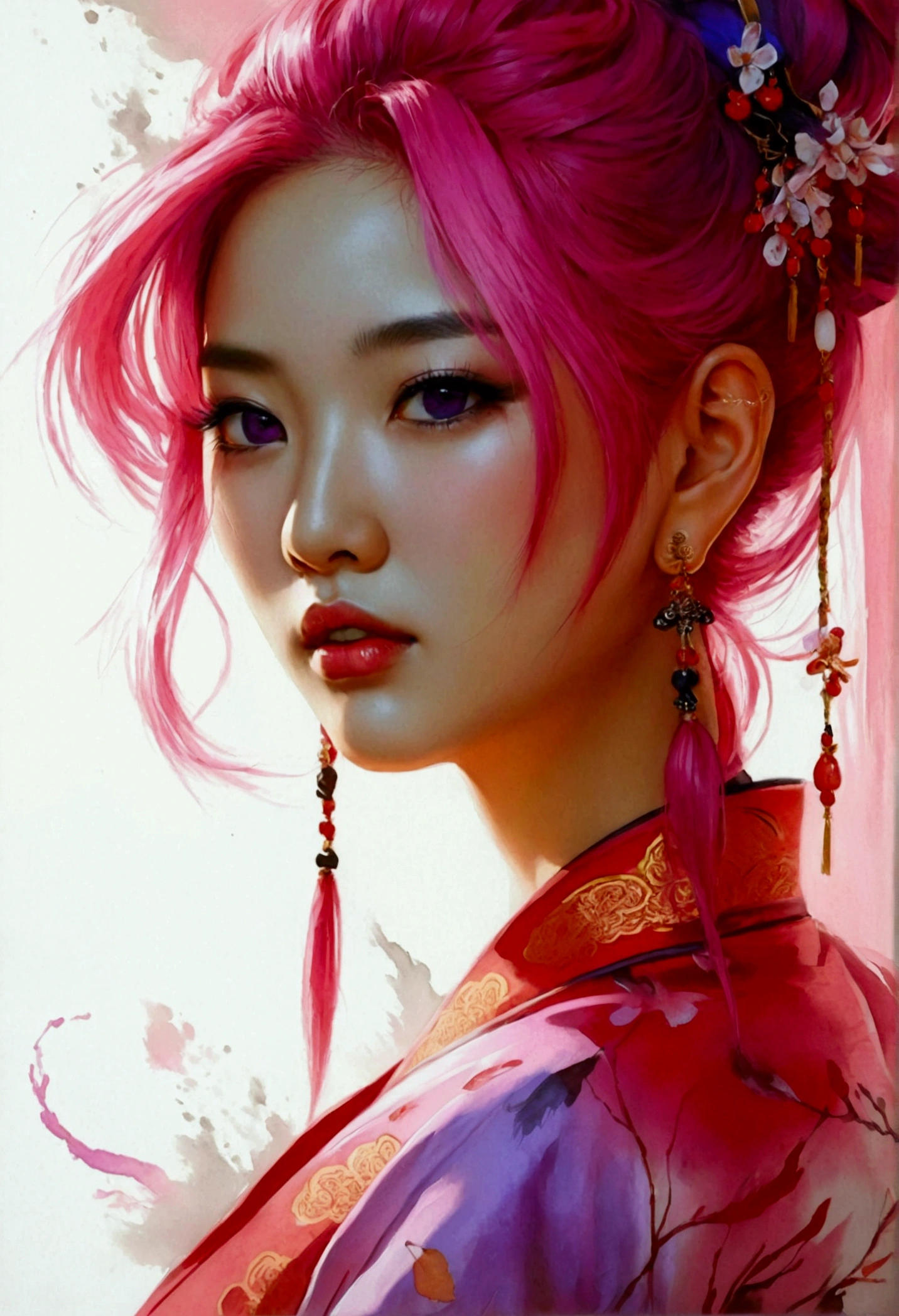 an asian woman, pink hair ,purple eyes, traditional chinese ink painting, big ass