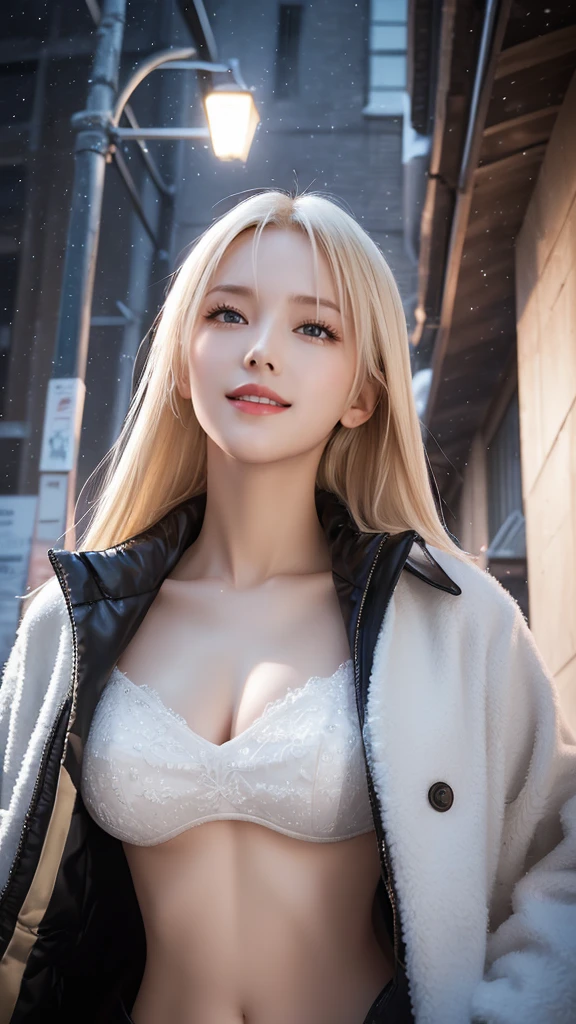 (masterpiece), (Highest quality), One girl, (Perfect Face:1.2), (Beautiful Face:1.2), Platinum Blonde Hair, (From below, Upper Body:1.3), Happy, A light smile, View your viewers, Pause, 
winter coat, Outdoor, winter, snow, at night, Complex, Depth of written boundary, Cinema Lighting,