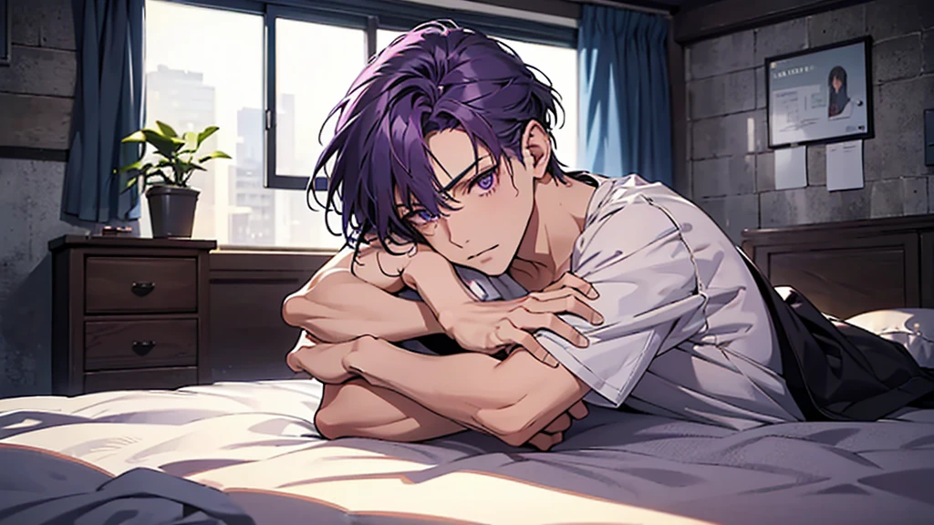 A small concrete room, a single bed, a purple-haired boy sitting on the floor, face buried in his arms, a thin body, a boy in a white shirt, shoulder-length hair, fluorescent light, looking at the floor