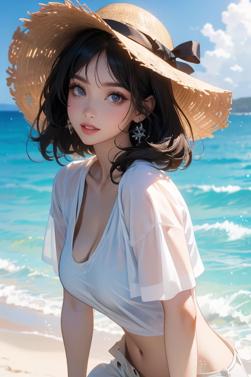 (Highest quality、masterpiece、High resolution、8K)、Vibrant colors、Young and beautiful woman 1、Brown and black short bob、barefoot、(Detailed face、Beautiful Eyes、Beautiful nose、Pretty lips)、Beautiful cleavage、A woman in a white T-shirt and shorts runs on the beach、Surprised Smile、Official Art、The background is the sea、blue sky、White waves and wide sandy beach、Wide forest、White Entrance Cloud、